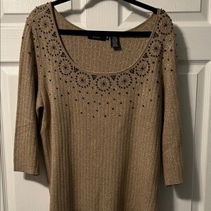Designer quality Gold dressy Metallic ribbed Women's Sweater with 3/4 sleeves